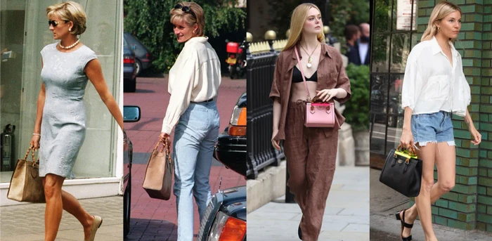 Princezná Diana v Londýně v roce 1997; Ella Fanning a Sienna Miller v roce 2021