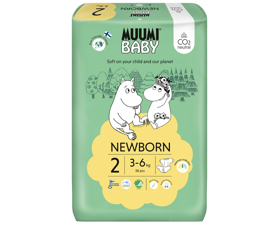 Muumi Baby 2 Newborn 3–6 kg (58 ks), eko pleny, MUUMI BABY, prodává Health Factory, 629 Kč