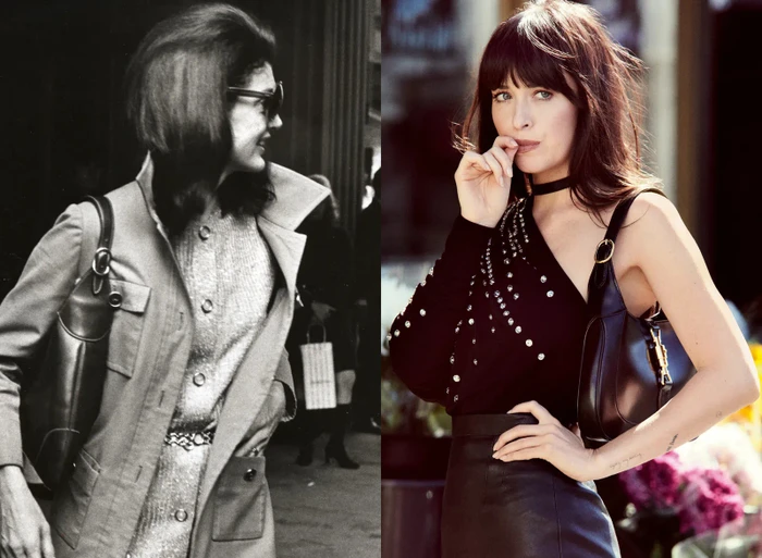 Jackie Kennedy v roce 1971; Dakota Johnson v roce 2023