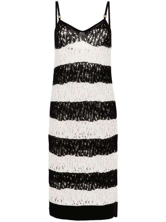 Šaty s černobílými pruhy, PALM ANGELS, prodává Farfetch, 695 €