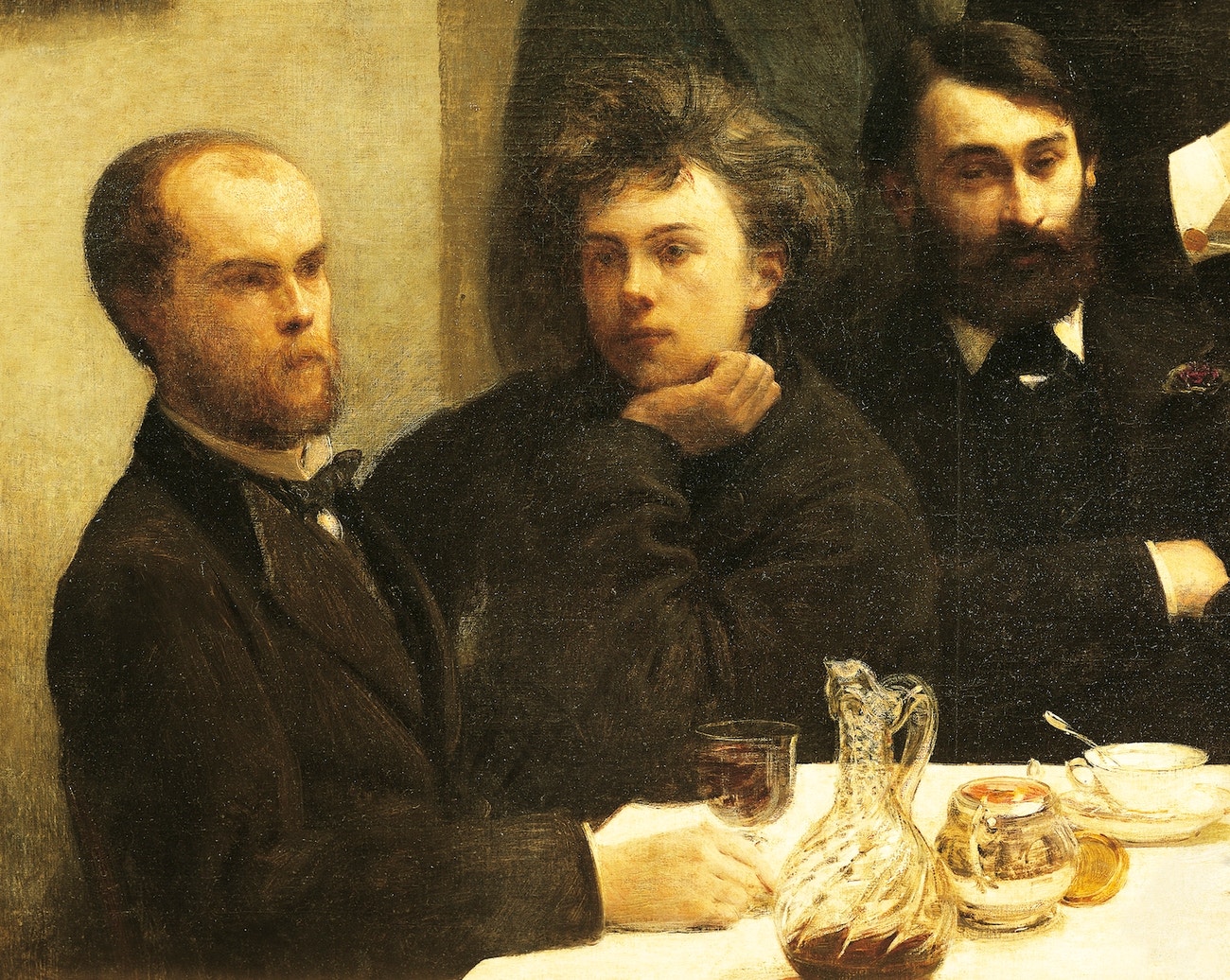 Verlaine, Rimbaud a Bonnier, detail z rohu stolu, 1872, Henri Fantin-Latour, Musée D'Orsay